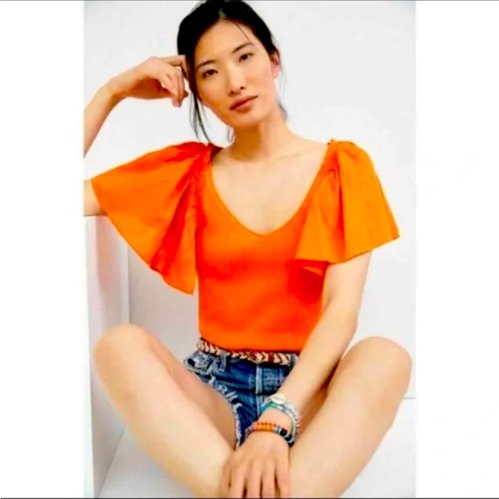 Maeve Anthropologie V Neck Short Flutter Sleeve Ribbed Blouse Orange XS like new